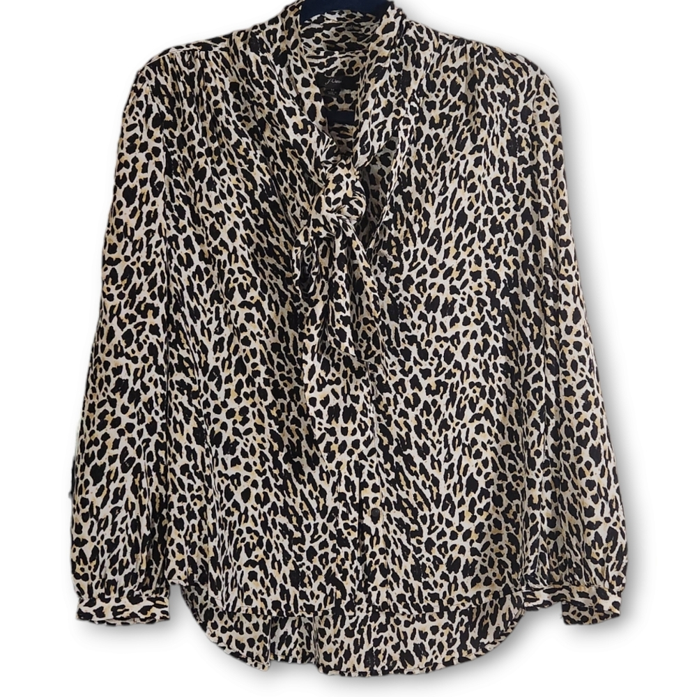 J. Crew 100% Silk Leopard Print Blouse with Neck Tie